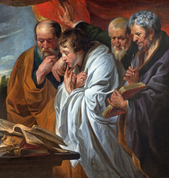 MECHELEN, BELGIUM - JUNE 14, 2014: The Four Evangelists by Joraens school (cca1620). The original paint of the master is in the Louvre museum.