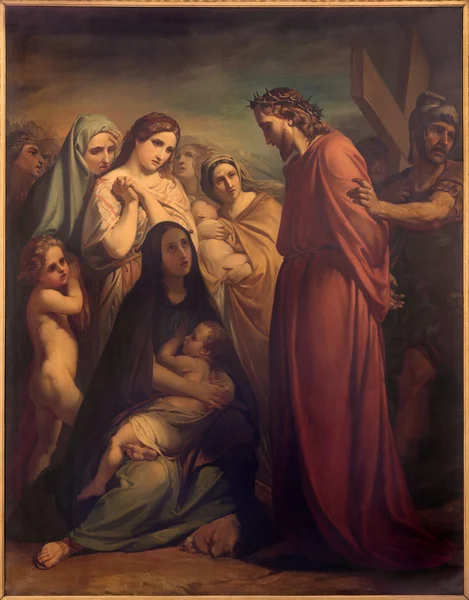 BRUSSELS, BELGIUM - JUNE 15, 2014: Jesus meets the women of Jerusalem by Jean Baptiste van Eycken (1809 - 1853) in Notre Dame de la Chapelle