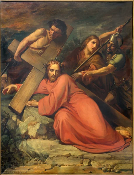 BRUSSELS, BELGIUM - JUNE 15, 2014:  Simon of Cyrene help Jesus to carry his cross by Jean Baptiste van Eycken (1809 - 1853) in Notre Dame de la Chapelle
