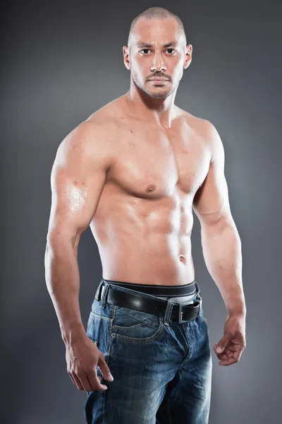 Shirtless muscled fitness man. Cool looking. Tough guy. Brown eyes. Bald. Tanned skin. Studio shot isolated on grey background.