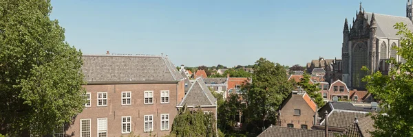 Panoramic photo of roofs and church of dutch city Leiden in summ