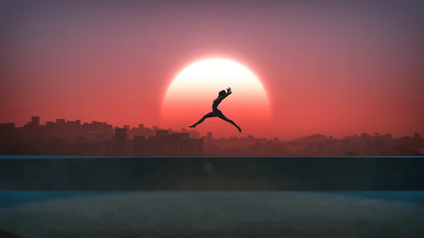 Silhouette of jumping ballet woman with skyline of skyscraper ci