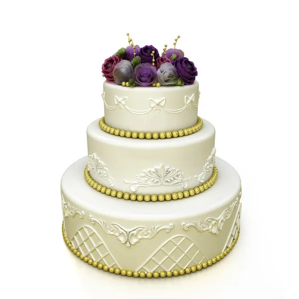 Multi-tiered wedding celebration cake with sugar roses and patterns. Isolated on white background