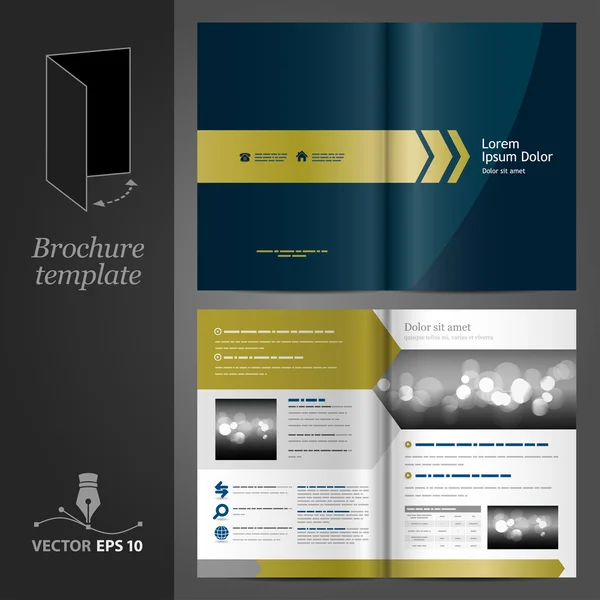 Dark blue brochure template design with golden arrows.