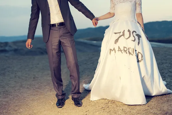 Wedding couple holding on trash the dress with dirty dress