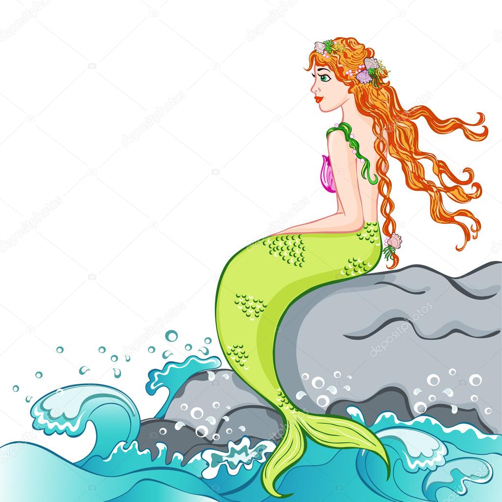 Beautiful mermaid sitting on a rock. vector illustration ??? Stock Vector