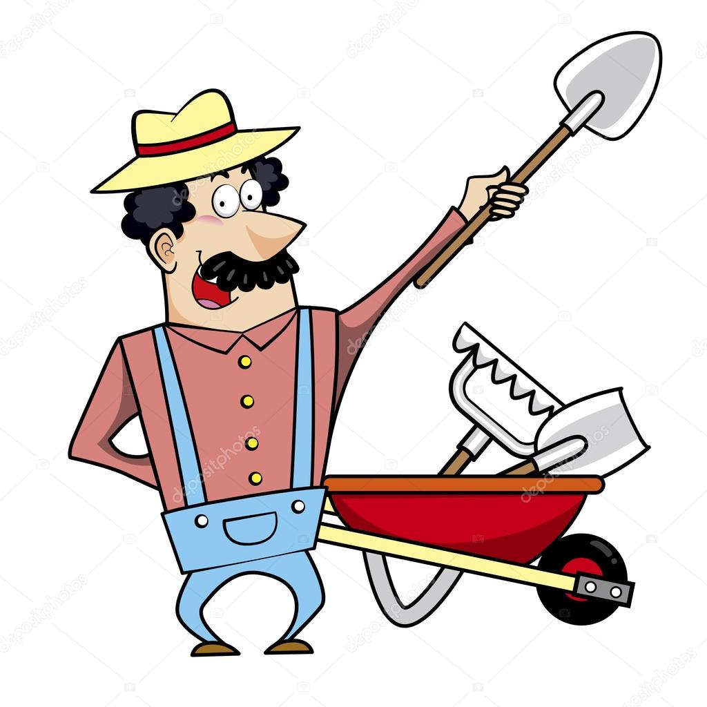 Cartoon Landscaper with Wheelbarrow and Garden Tools — Stock Vector ...