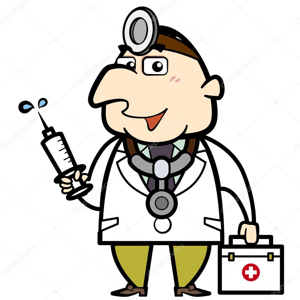 Médico de dibujos animados con jeringa y botiquín de primeros auxilios