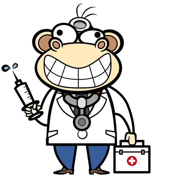 Cartoon monkey doctor with first aid kit and syringe