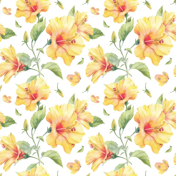 Seamless pattern with yellow hibiscus flowers.