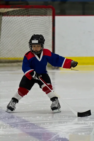 Boy skating backwards while practicing ice hockey