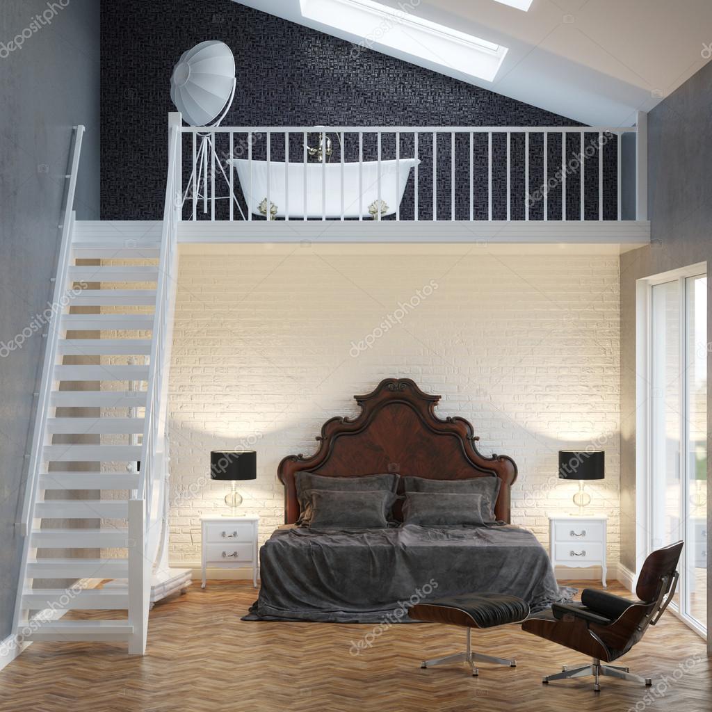 Loft slaapkamer vintage interieur met bakstenen muur en bad ...