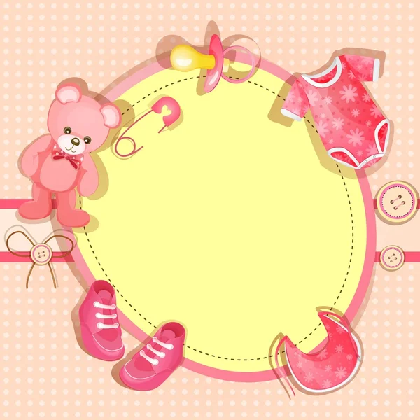 Pink baby shower card with baby girl elements