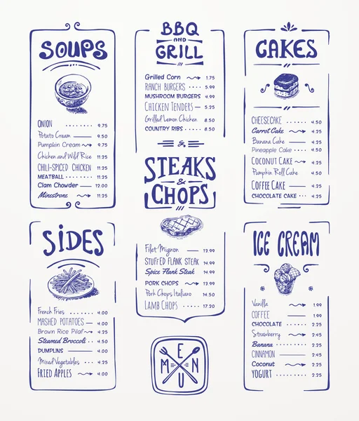 Menu template. Blue pen drawing.Soups, sides, bbq & grill, steaks & chops, cakes, ice cream