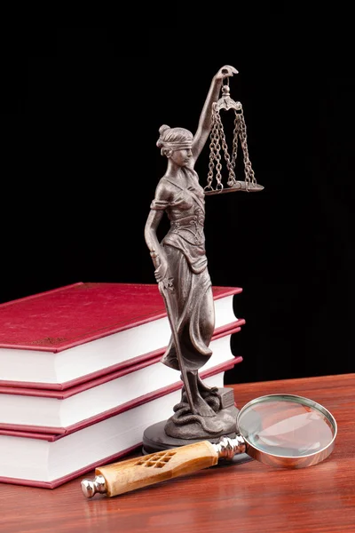 Law books, magnifying glass and lady of justice