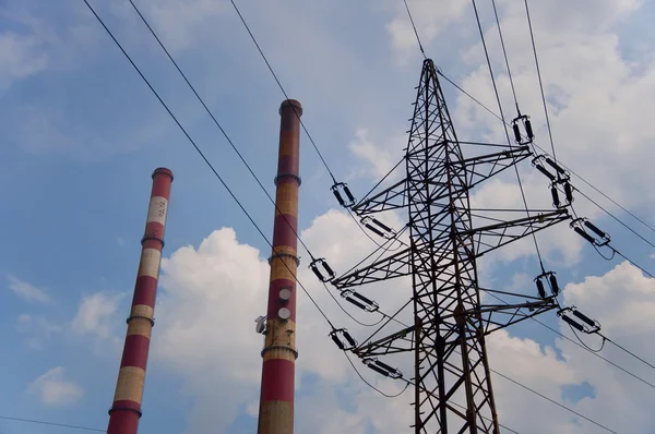 Thermal-electric power station - high voltage pylon, chimney