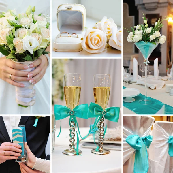Collage of wedding pictures decorations in turquoise, blue color