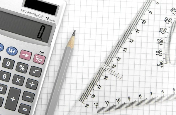 Calculator, lead pencil and ruler