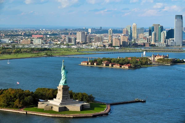 Aerial view of the Statue of Liberty and Ellis Island