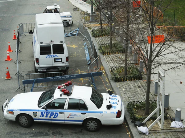 Numerous NYPD cars providing security in World Trade Center area of Manhattan