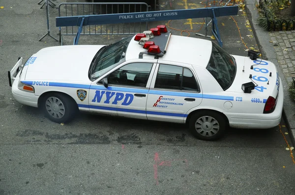 NYPD car providing security in World Trade Center area of Manhattan