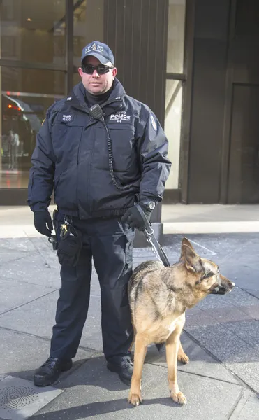 NYPD transit bureau K-9 police officer and K-9 German Shepherd providing security on Broadway during Super Bowl XLVIII week in Manhattan