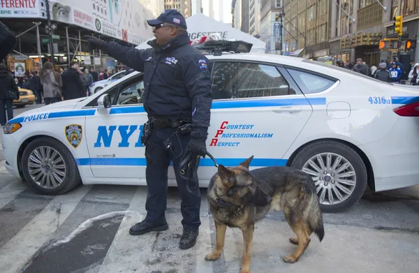 NYPD transit bureau K-9 police officer and K-9 German Shepherd providing security on Broadway during Super Bowl XLVIII week in Manhattan