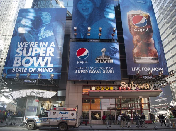 Pepsi Official Soft Drink of Super Bowl XLVIII billboard on Broadway during Super Bowl XLVIII week in Manhattan