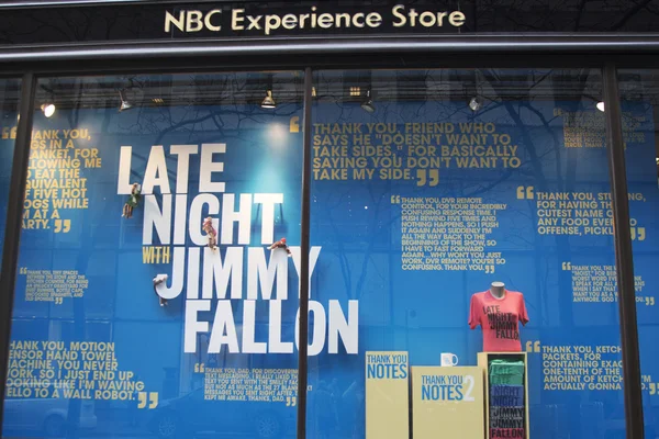 NBC Experience Store window display decorated with Late Night with Jimmy Fallon logo in Rockefeller Center in Midtown Manhattan