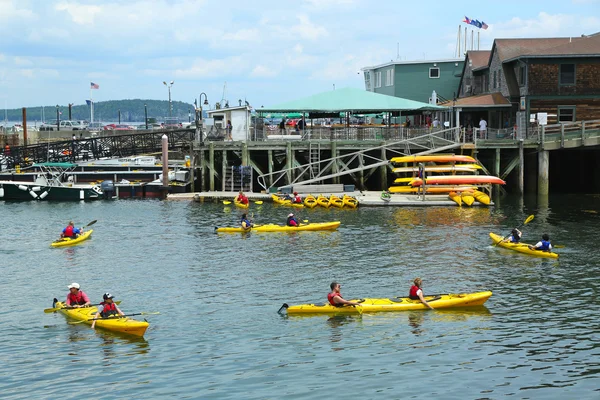 Tourists riding sea kayaks in Bar Harbor, Maine