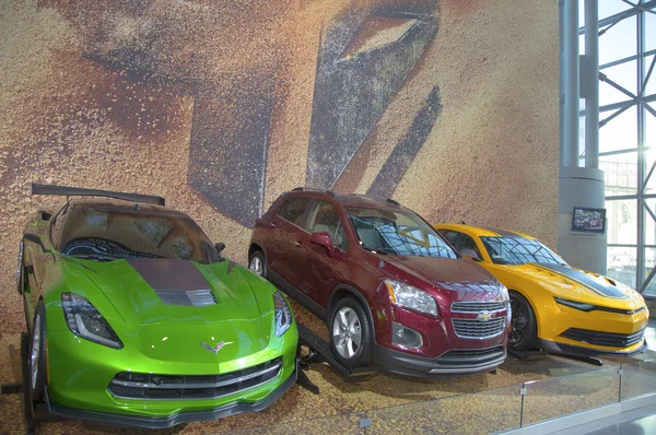 GM cars Chevrolet Camaro, Corvette Stingray C7 concept and Chevrolet Sonic RS Rally Car from new movie Transformers Age of Extinction on display in New York