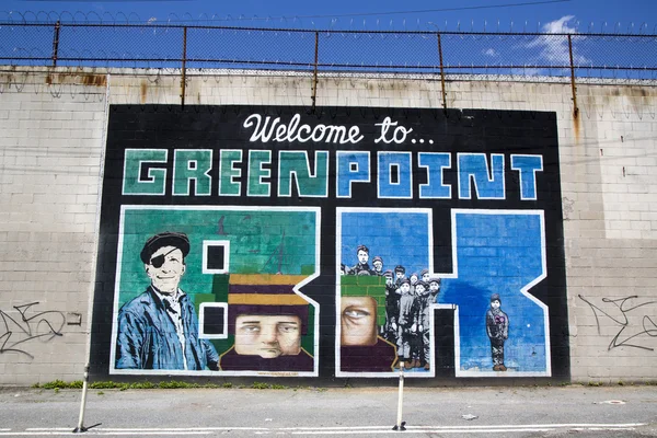 Iconic Welcome to Greenpoint BK mural at the India Street Mural Project in Brooklyn