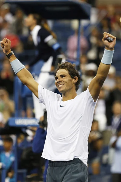 Twelve times Grand Slam champion Rafael Nadal celebrates victory after semifinal match at US Open 2013