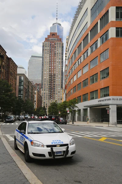 NYPD car providing security in World Trade Center area of Manhattan