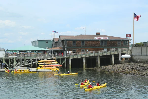 Tourists riding sea kayaks in Bar Harbor