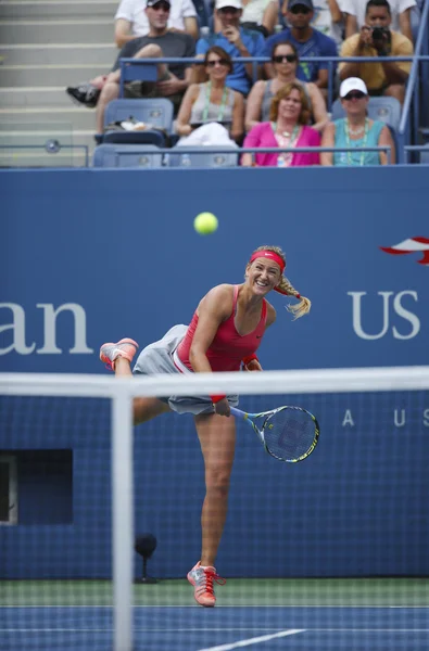 Two times Grand Slam champion Victoria Azarenka serving during quarterfinal match against Ana Ivanovich at US Open 2013