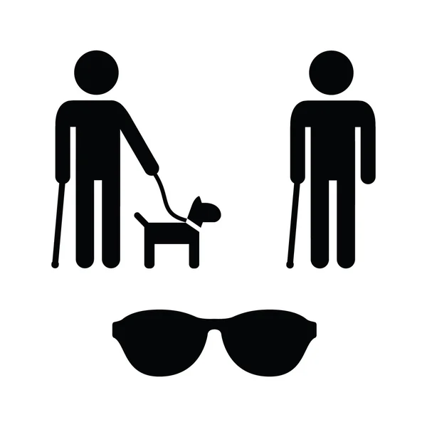 ícones que representam cegueira: bengala, cão-guia, óculos escuros