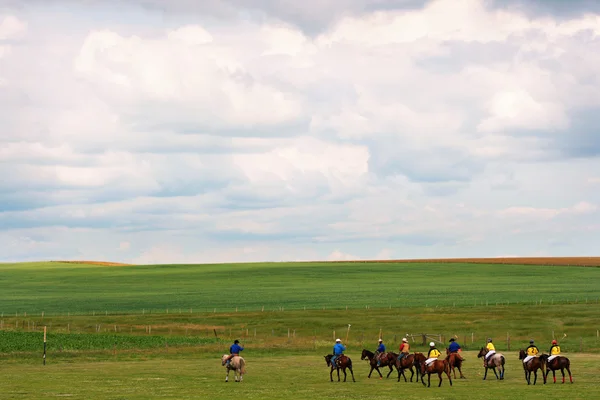 Nature landscape with group of recreational Polo players in Southern Alberta, Canada