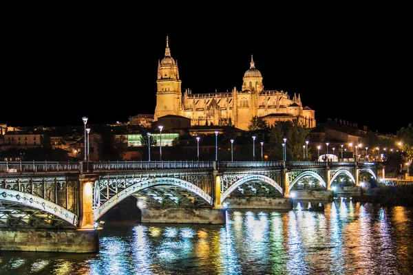 Beautiful view of the historic city of Salamanca with New Cathedral and Enrique Esteban bridge at night, Castilla y Leon region, Spain