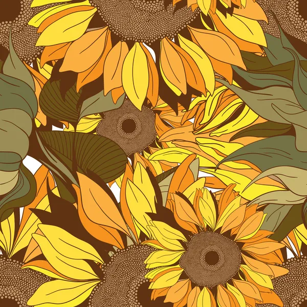 Vector seamless pattern from flowers and sunflower leaves