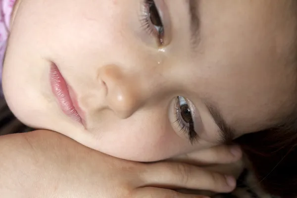 Crying little girl with tear closeup