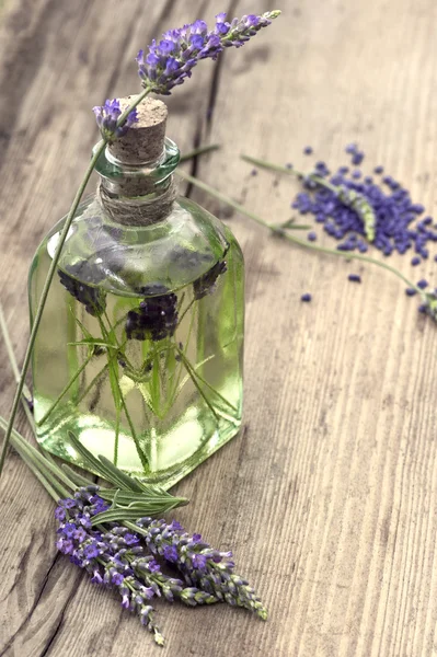Essential herbal lavender oil with fresh flowers