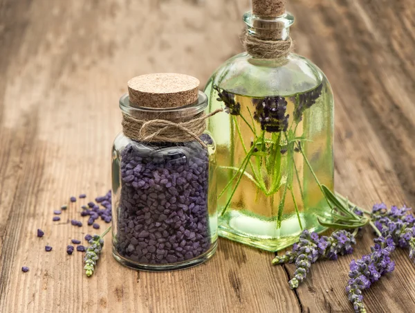 Essential lavender oil, herbal soap and bath salt