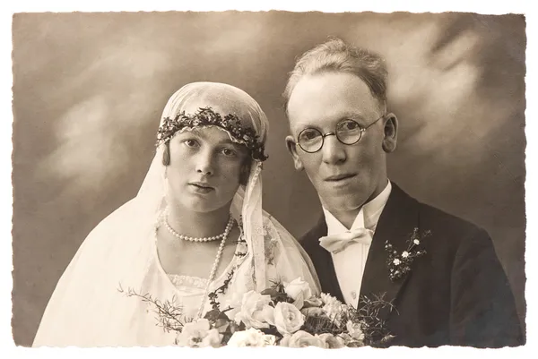 Original antique wedding photo. portrait of just married couple