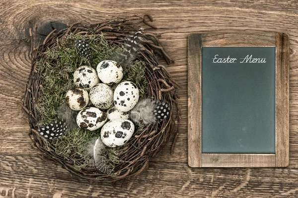 Birds eggs in nest on wooden background with blackboard
