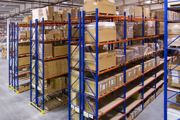 Warehouse with shelves and boxes