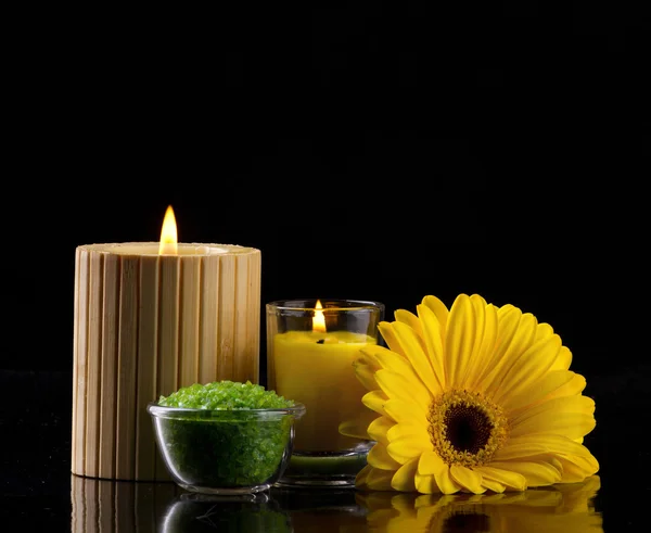 Aromatherapy with candles sea salt and flower