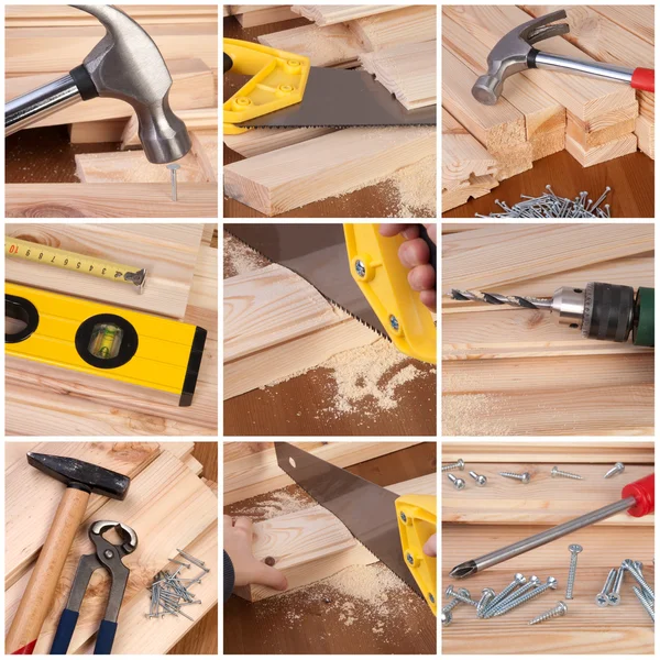 Woodwork and carpentry tools collage