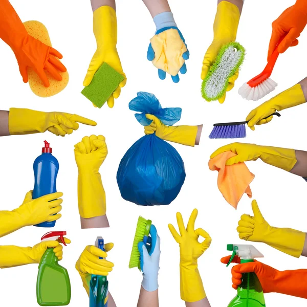 Hands in rubber gloves doing housework