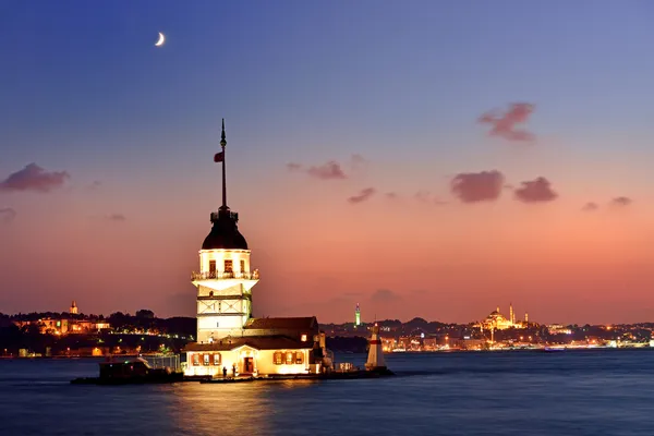 Maiden\'s Tower view at night with crescent. Istanbul Turkey